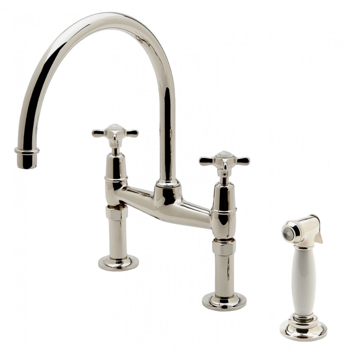 Easton Classic Two Hole Bridge Kitchen Faucet, Metal Cross Handles and White Porcelain Spray