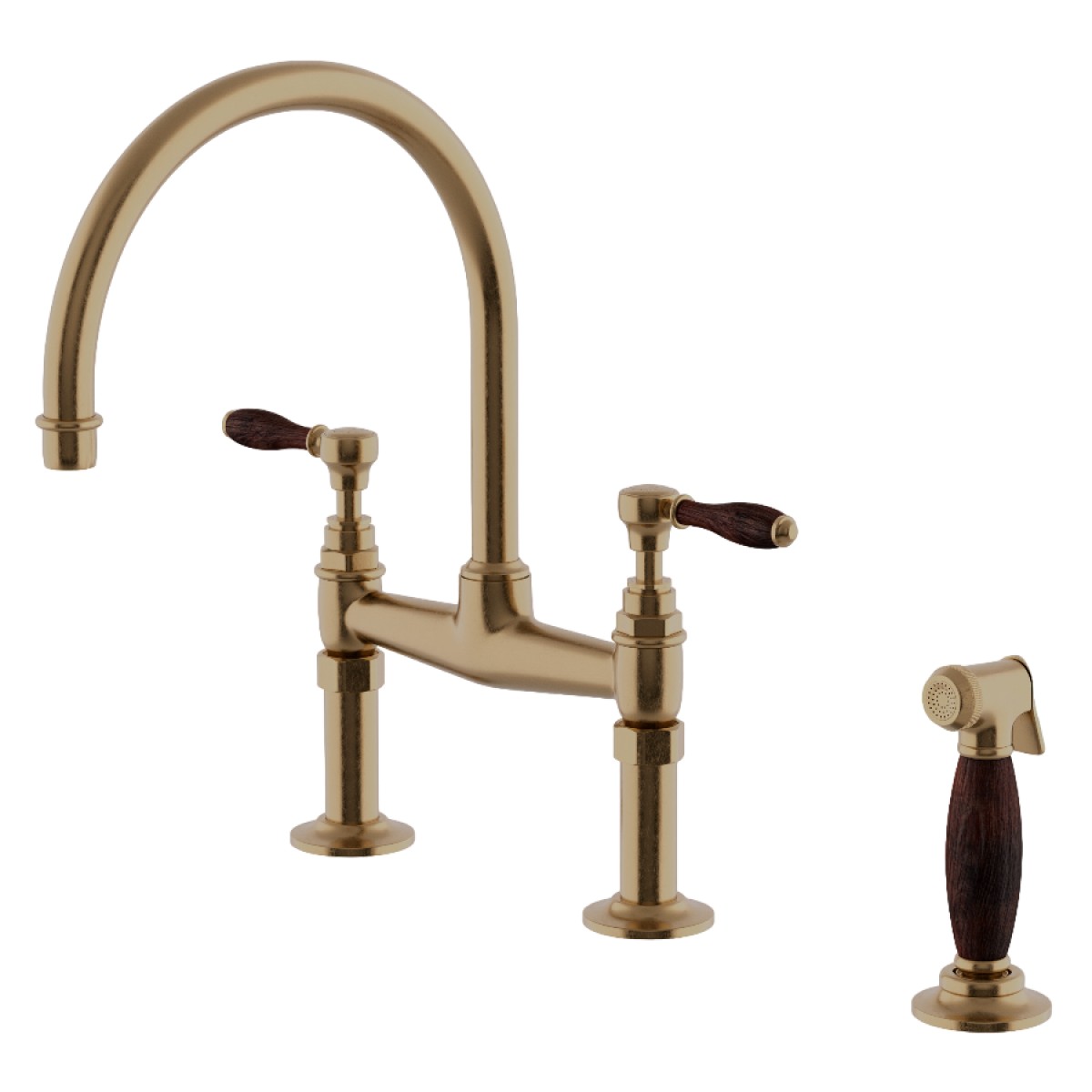 Easton Vintage Two Hole Bridge Gooseneck Kitchen Faucet, Oak