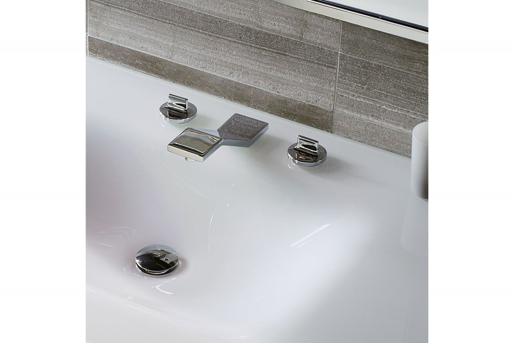 Formwork Low Profile Three Hole Deck Mounted Lavatory Faucet with Metal Knob Handles | Highlight image 1