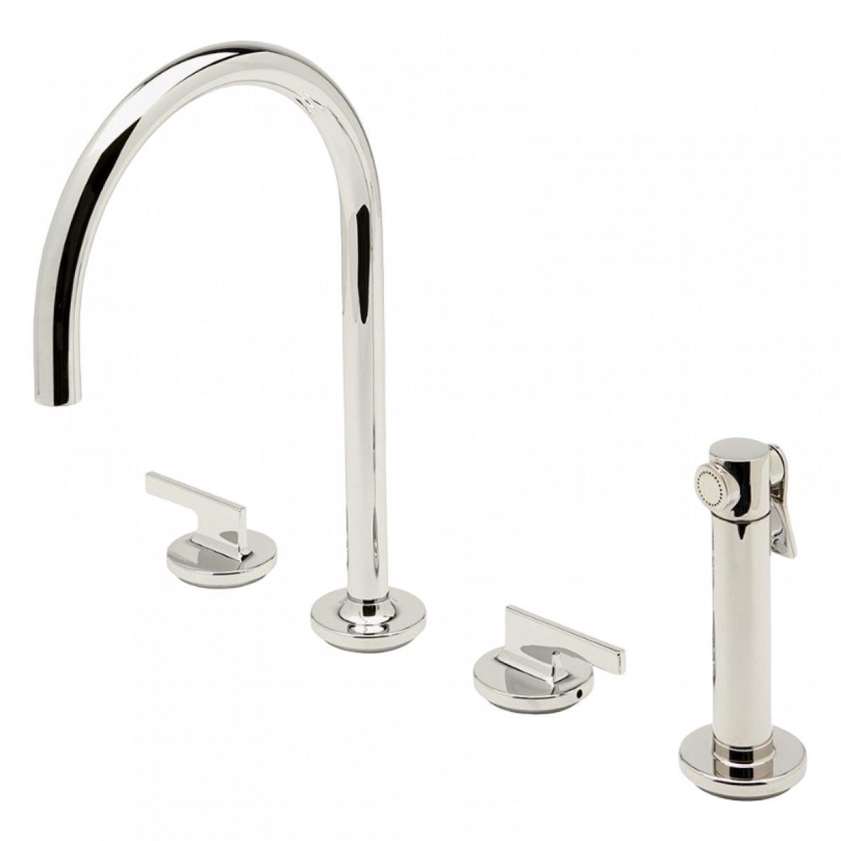 Formwork Three Hole Gooseneck Kitchen Faucet with Metal Lever Handles and Spray