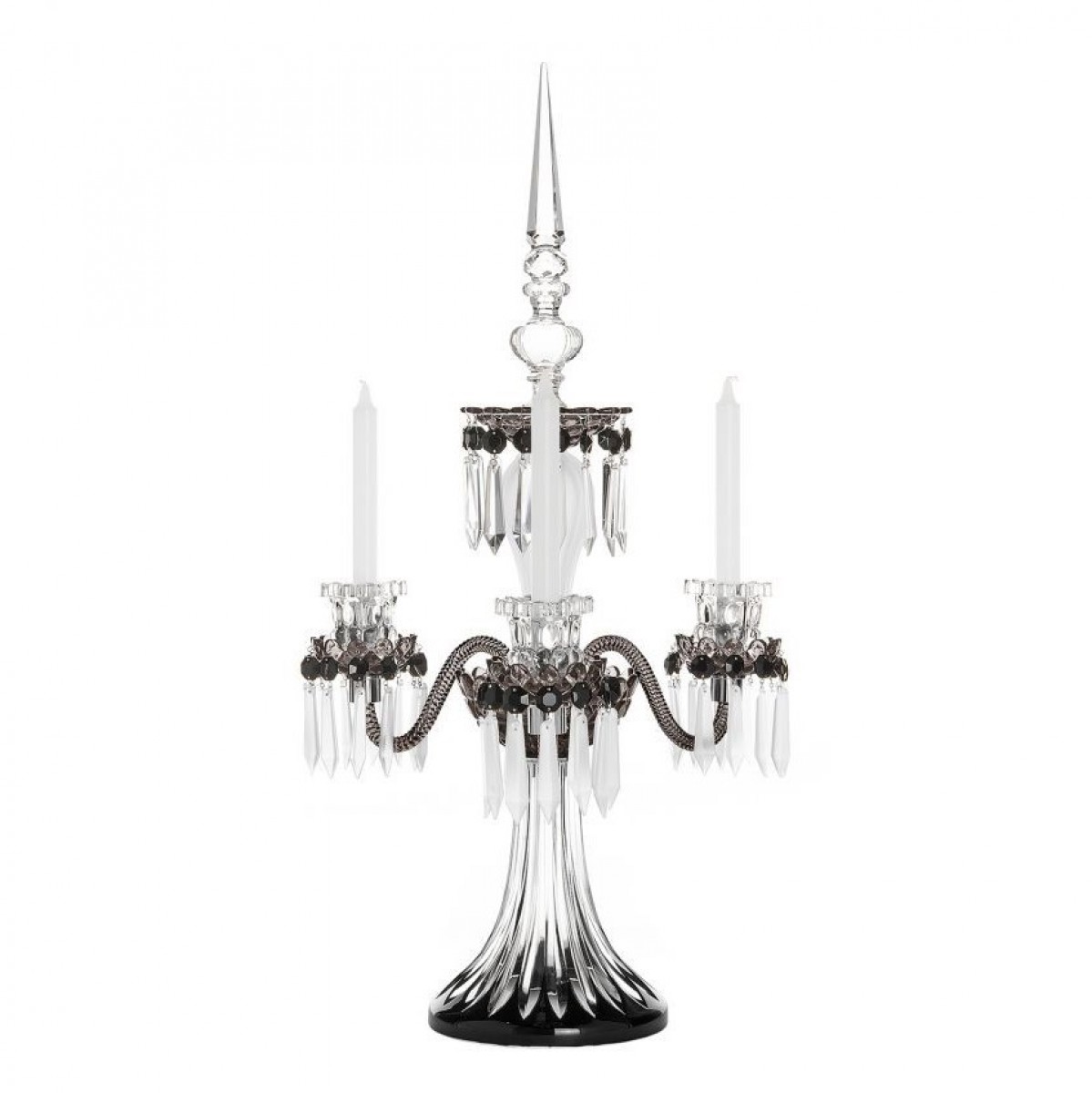 Arlequin 3-Candle Candelabra - Black, Clear Satin-finished Crystal and Flannel-grey