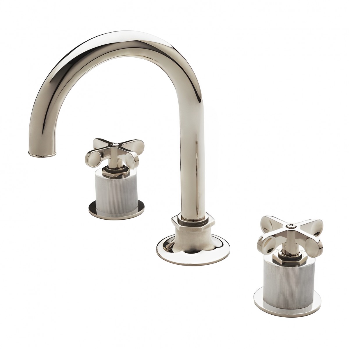 Henry Gooseneck Three Hole Deck Mounted Lavatory Faucet with Coin Edge Cylinders and Metal Cross Handles