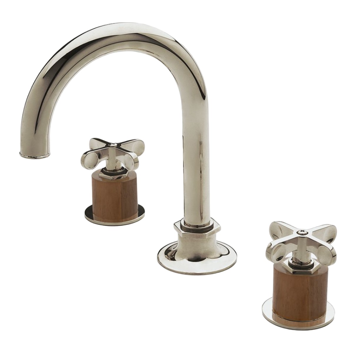 Henry Gooseneck Three Hole Deck Mounted Lavatory Faucet with Teak Cylinders and Metal Cross Handles | Highlight image