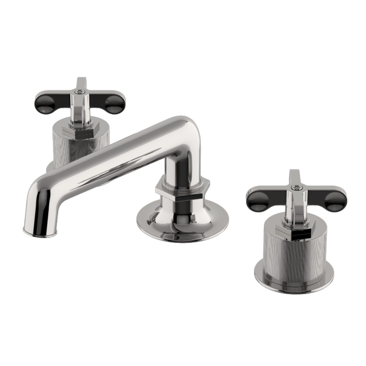 Henry Low Profile Three Hole Deck Mounted Lavatory Faucet with Coin Edge Cylinders and Metal Cross Handles