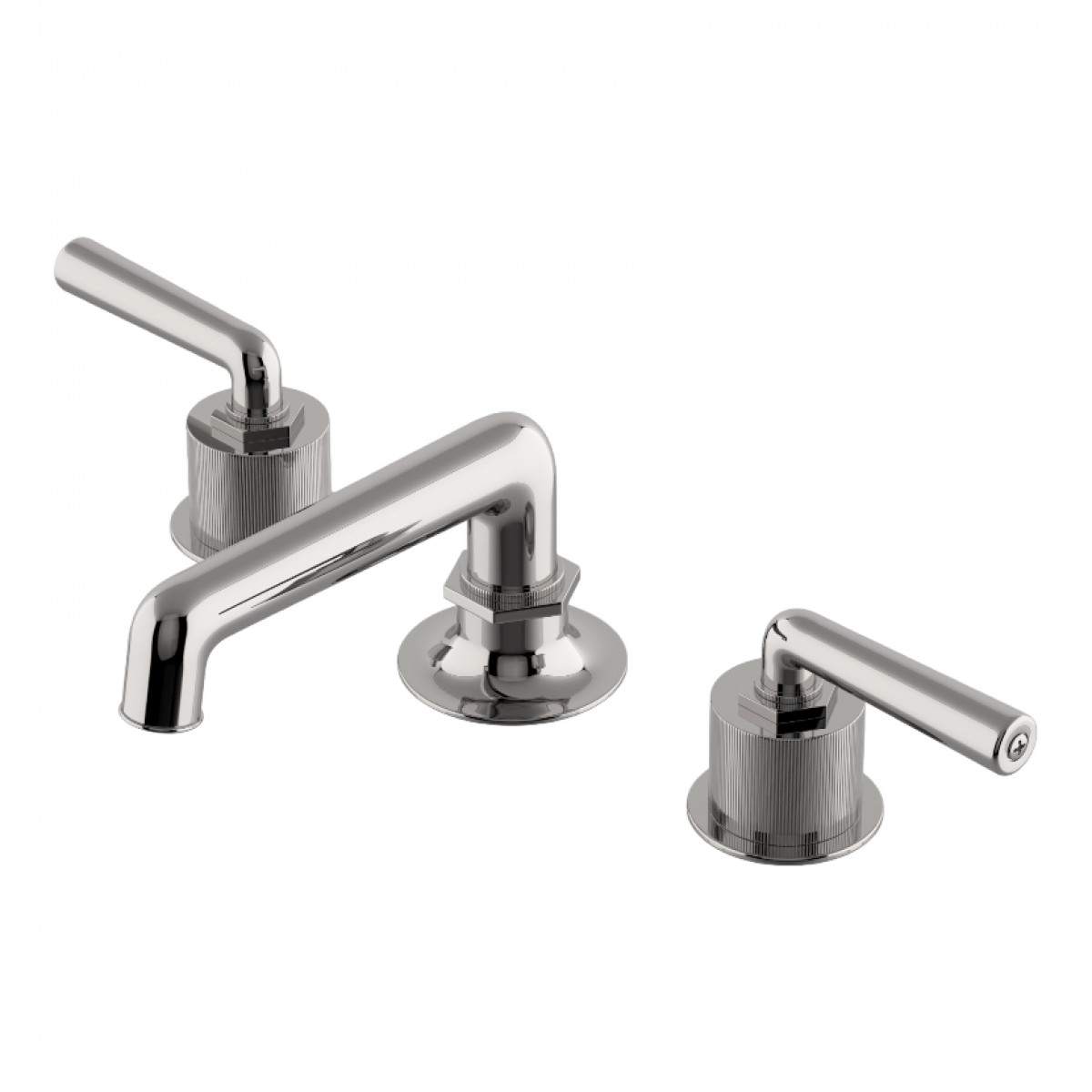 Henry Low Profile Three Hole Deck Mounted Lavatory Faucet with Coin Edge Cylinders and Metal Lever Handles