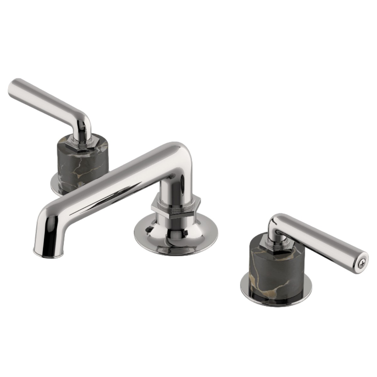 Henry Low Profile Three Hole Deck Mounted Lavatory Faucet with Portoro Cylinders and Metal Lever Handles | Highlight image