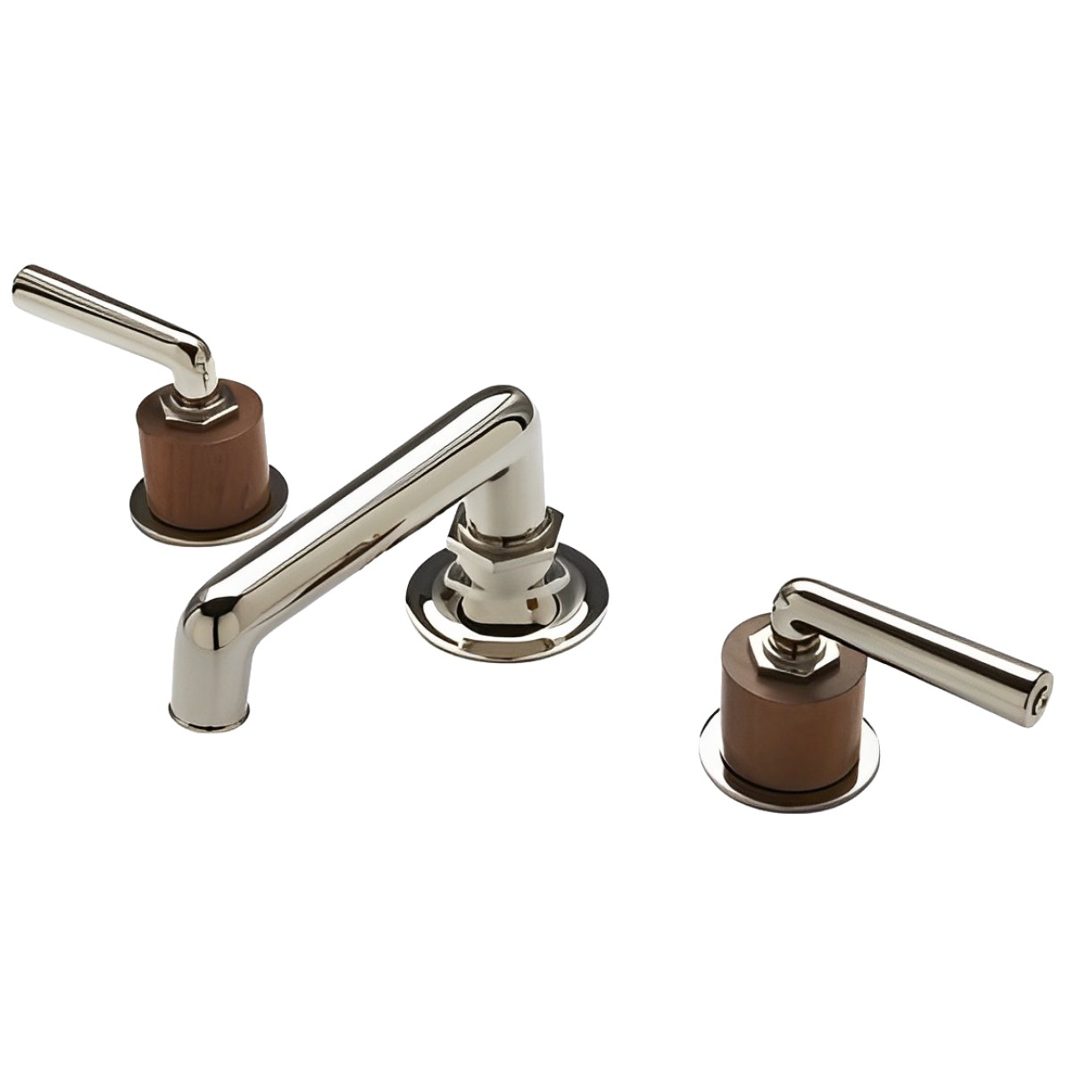 Henry Low Profile Three Hole Deck Mounted Lavatory Faucet with Teak Cylinders and Metal Lever Handles