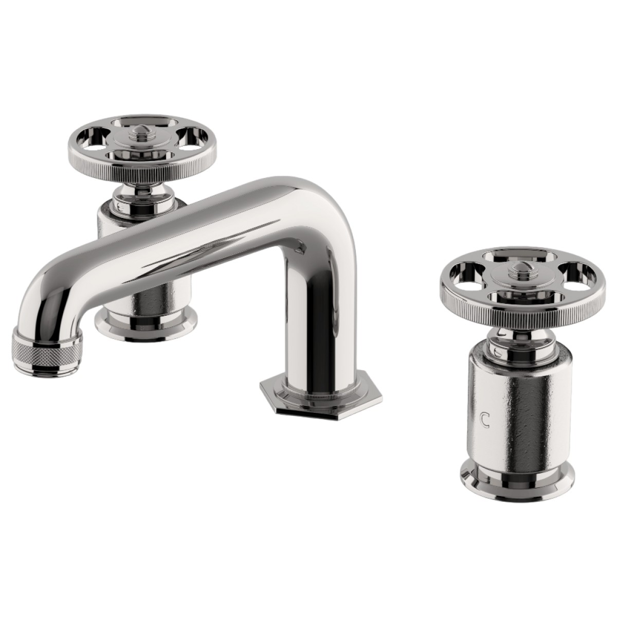 R.W. Atlas Low Profile Three Hole Deck Mounted Lavatory Faucet with Metal Wheel Handles