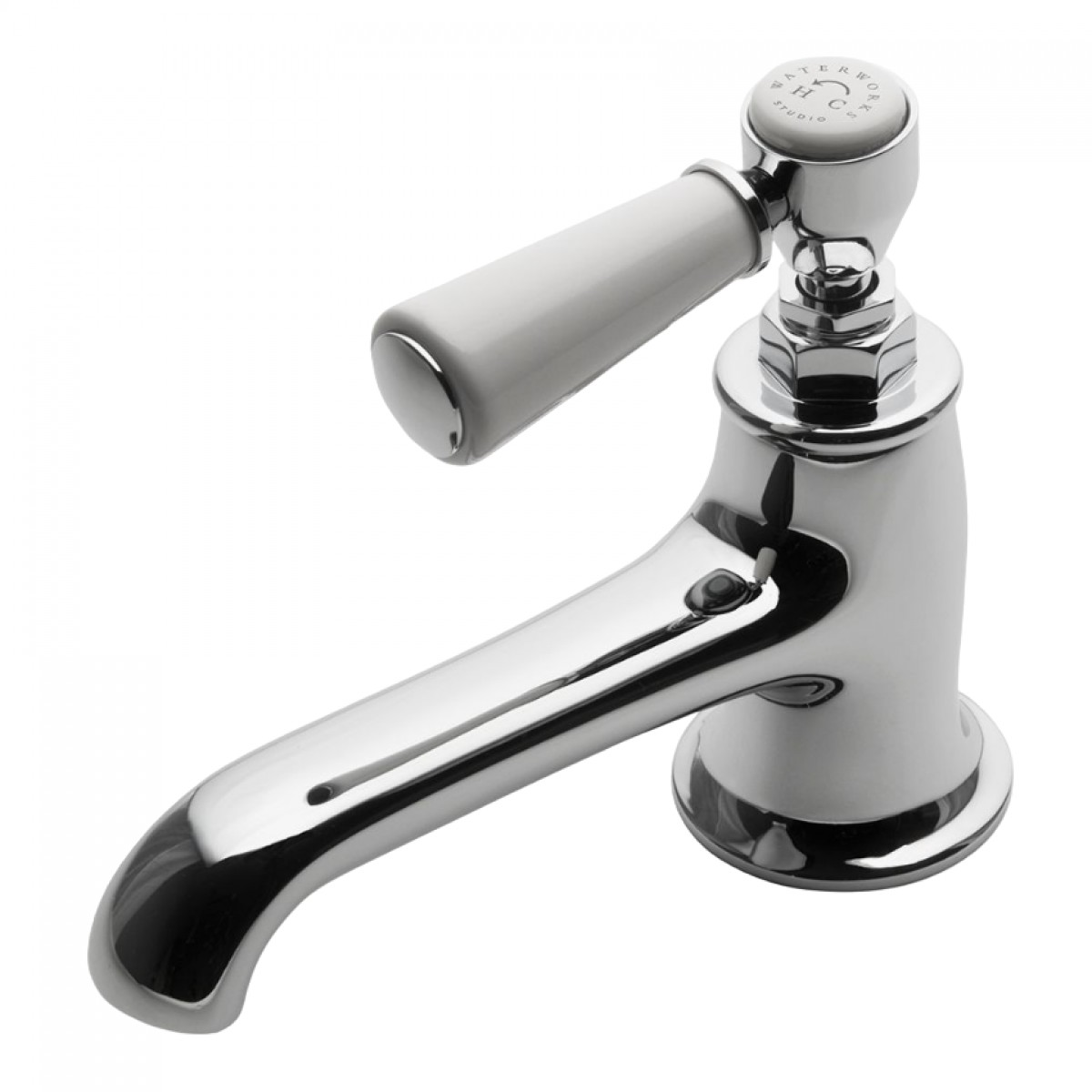 Highgate Low Profile One Hole Deck Mounted Lavatory Faucet with White Porcelain Lever Handles