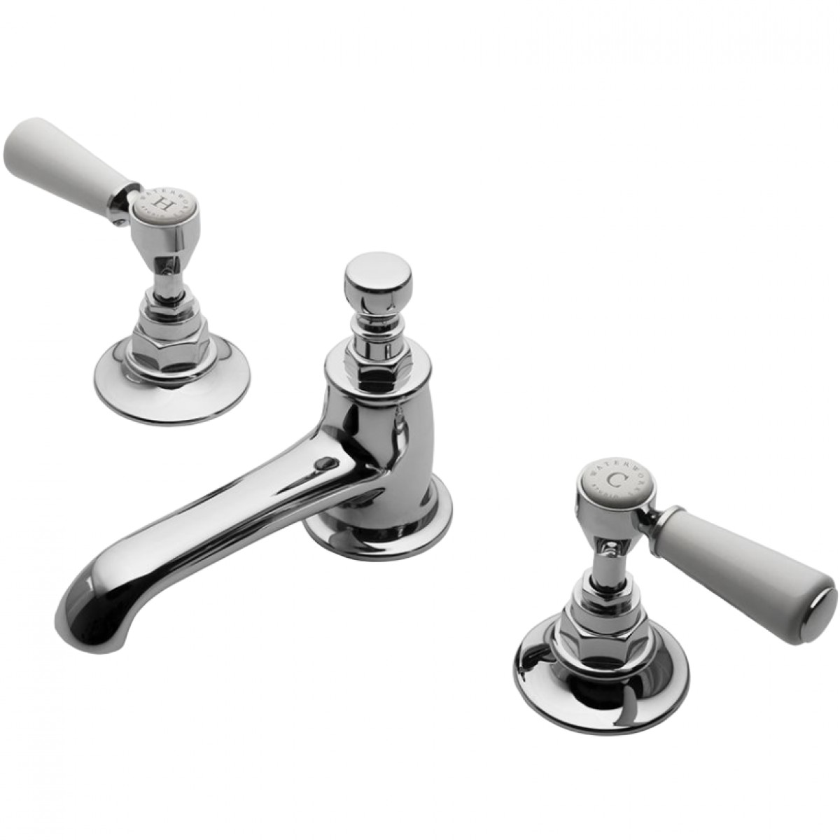 Highgate Low Profile Three Hole Deck Mounted Lavatory Faucet with White Porcelain Lever Handles