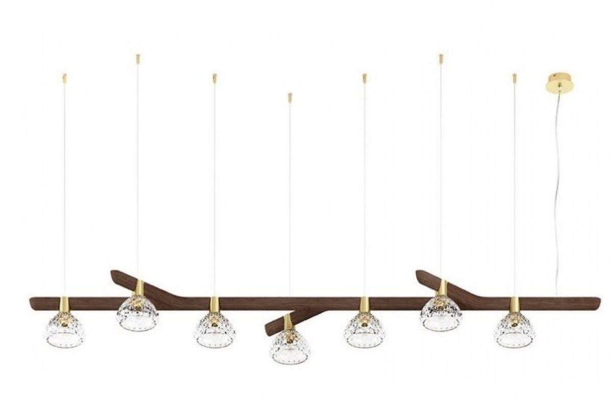 Folia 7-Light Dark Wood Pendant Linear  Unit - Clear Crystal