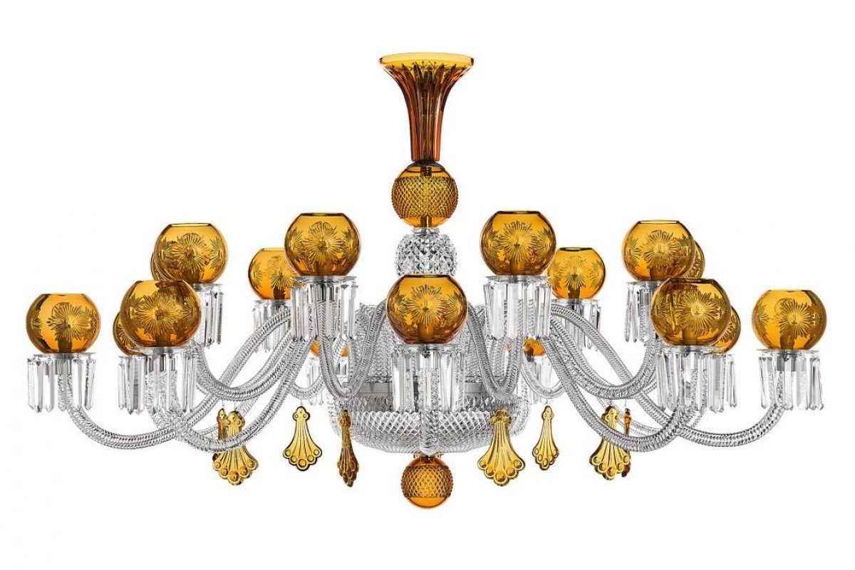 Maharadja 18-Light Horizontal Chandelier - Chrome Structure and Amber Ball Shaped Hurricanes