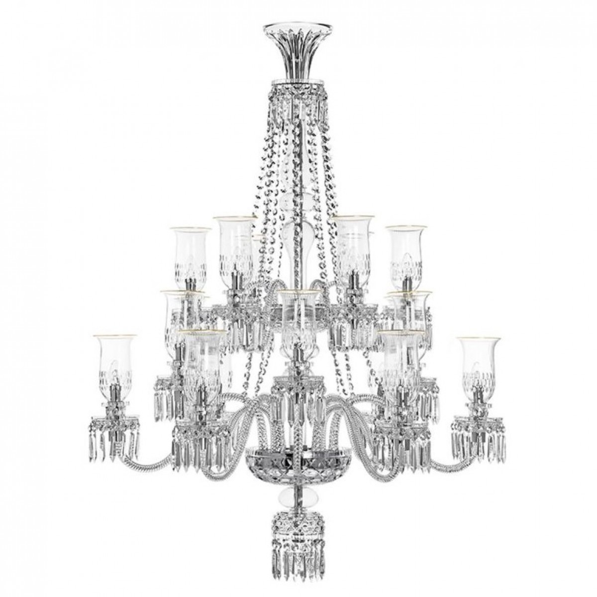 Royal 18-Light Long Chandelier with Gold Rim Apollo Hurricanes - Clear