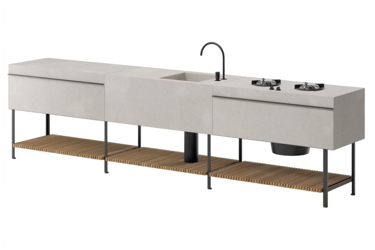 Base Kitchen Triple Kitchen Central Sink Top (Right), Left Work Top Module and Right 2 Cook Tops Module | Highlight image
