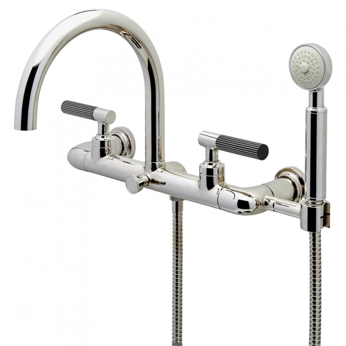 Bond Union Series Wall Mounted Exposed Tub Filler with Handshower and Guilloche Pinstripe Lever Handles | Highlight image