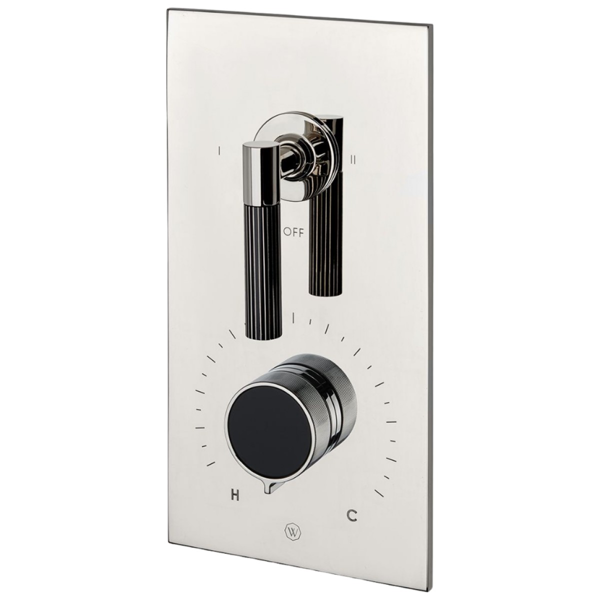 Bond Union Series Integrated Thermostatic and Two Way Diverter Trim with Enamel Guilloche Lines Knob and Guilloche Pinstripe Lever Handles