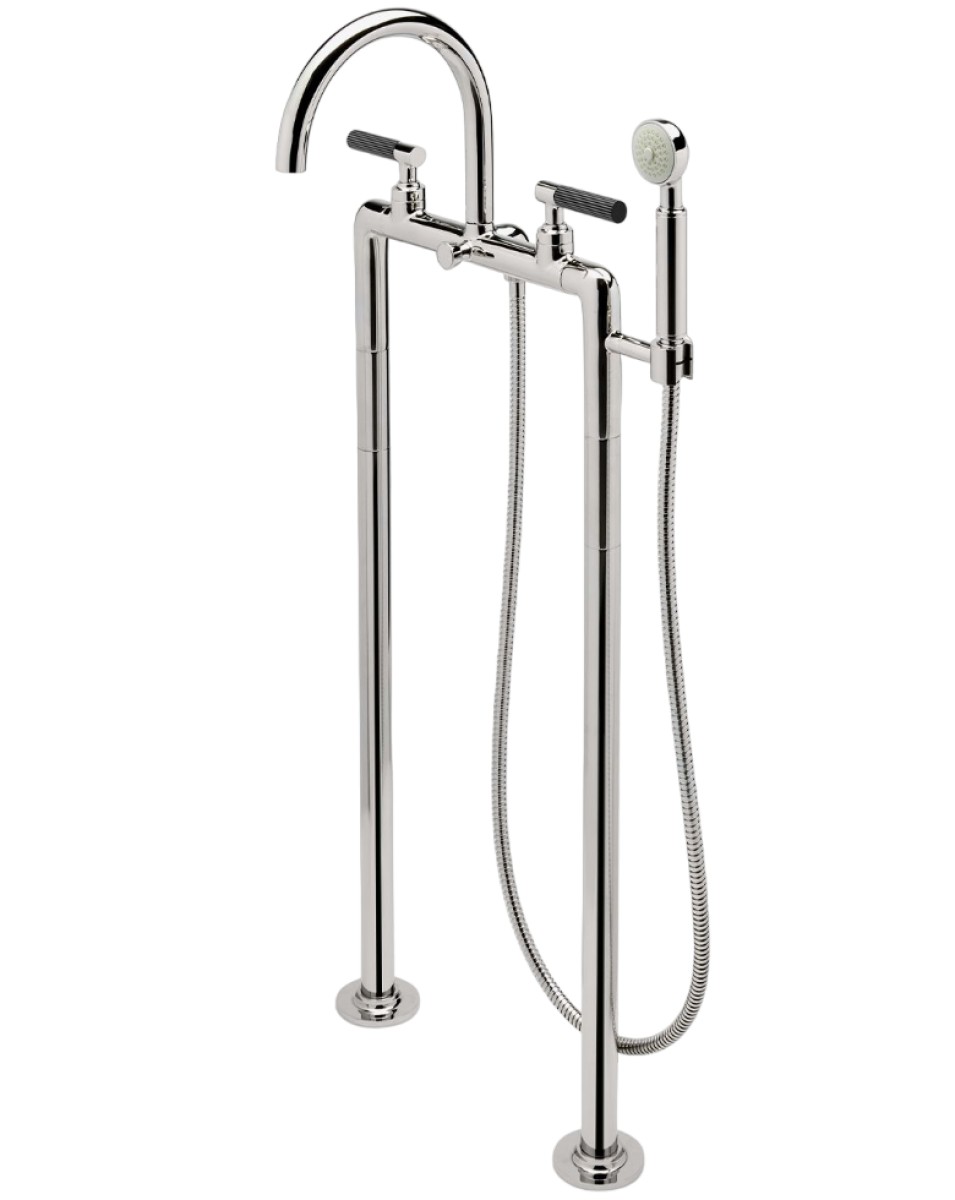 Bond Union Series Floor Mounted Exposed Tub Filler with Handshower and Guilloche Pinstripe Lever Handles