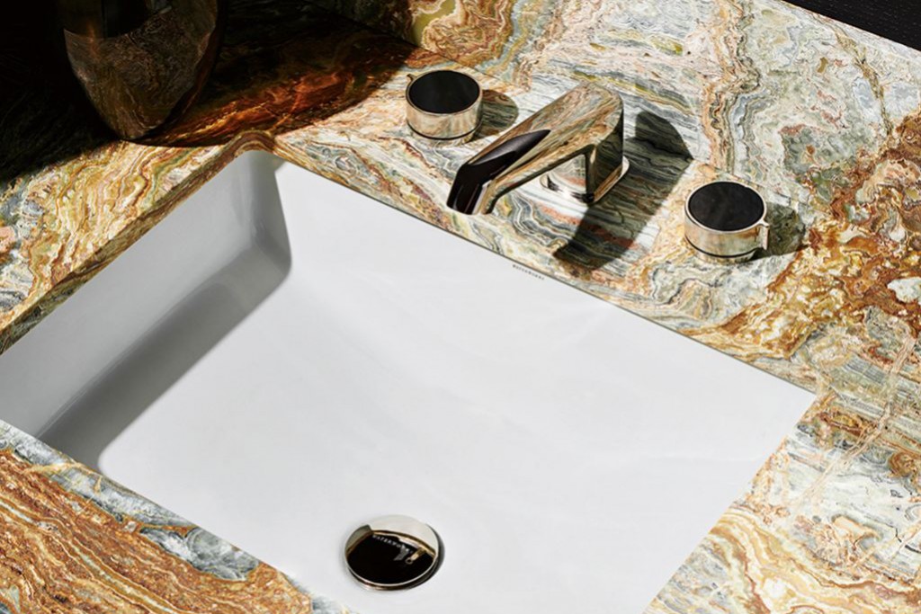 Bond Union Series Lavatory Faucet with Enamel Guilloche Lines Knob Handles | Highlight image 1