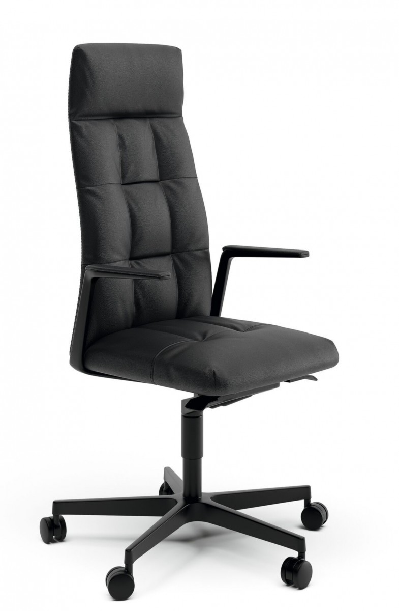 Leadchair Management Soft Swivel Chair, 5-Star Base with Casters, Arm with Leather Pad and Height-Adjustable - High Back