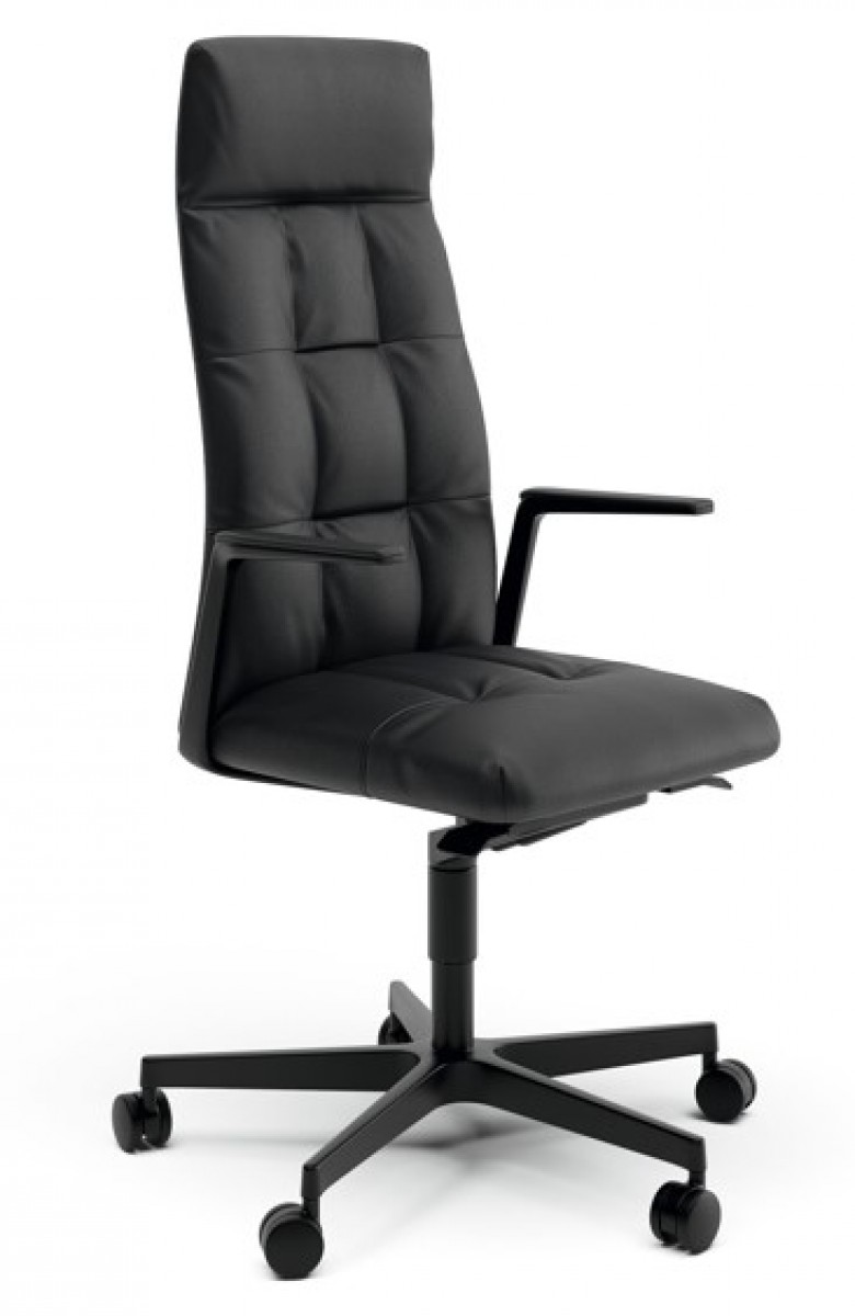 Leadchair Management Soft Swivel Chair, 5-Star Base with Casters and Arm with Leather Pad - High Back