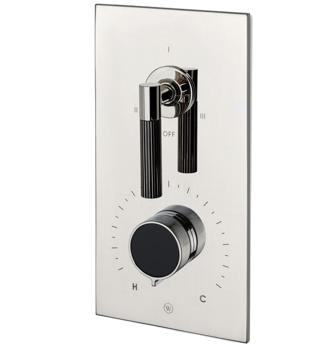 Bond Union Series Integrated Thermostatic and Three Way Diverter Trim with Enamel Guilloche Lines Knob and Guilloche Pinstripe Lever Handles