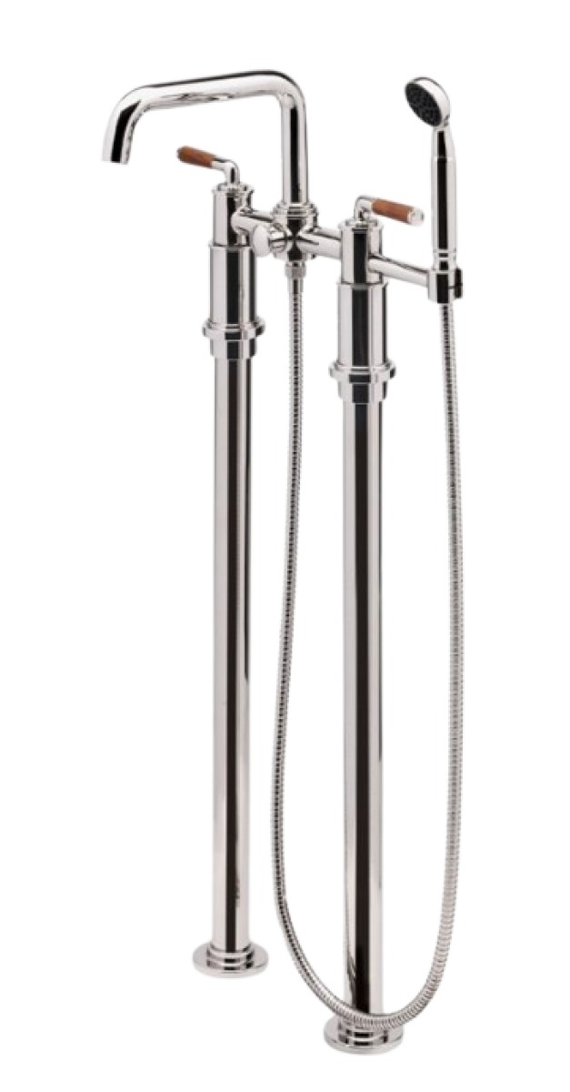 Henry Chronos Floor Mounted Exposed Tub Filler with Handshower and Walnut Lever Handles | Highlight image