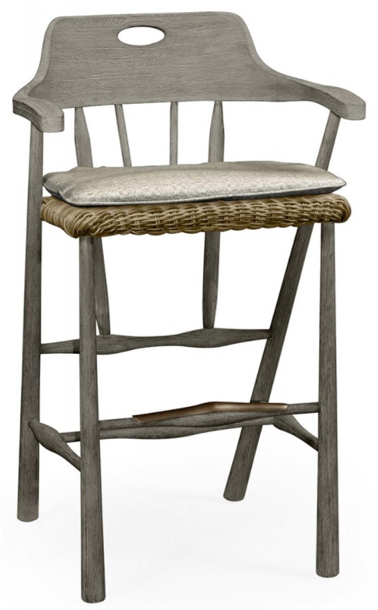 Smokers Style Navajo Sand & Rattan Bar Stool with Cushion, Upholstered in Standard Outdoor Fabric