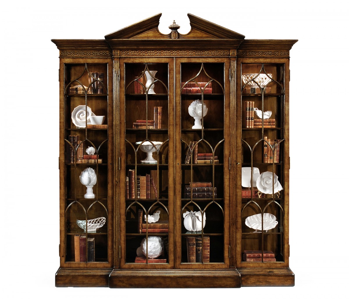 Triple Breakfront Walnut Display Cabinet with Pediment