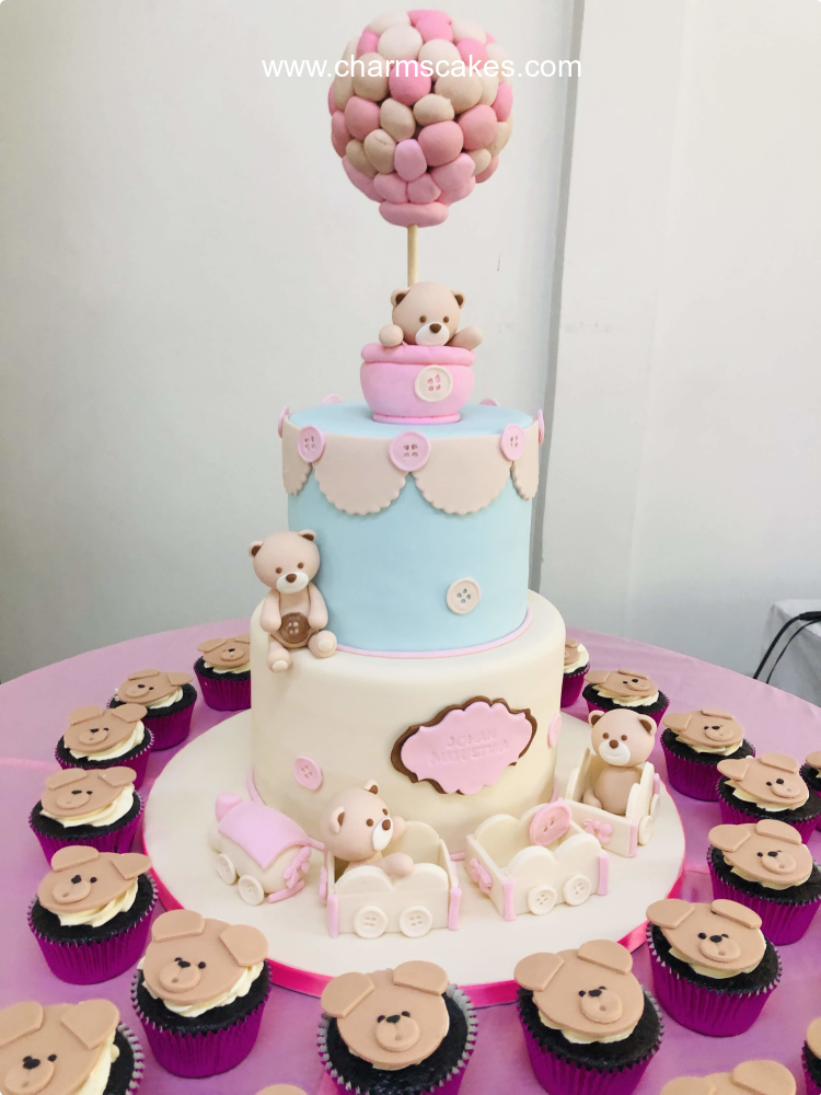 Bear on Balloons Baptismal (for Boys) Custom Cake