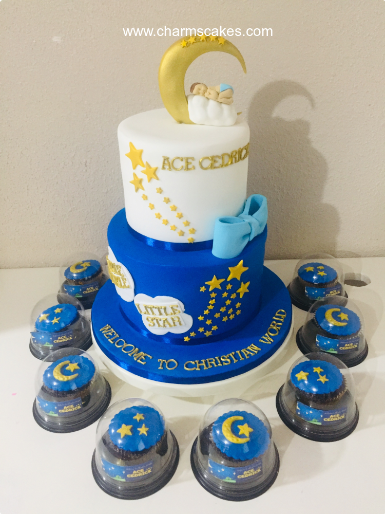 Stars and Moon Baptismal (for Boys) Custom Cake