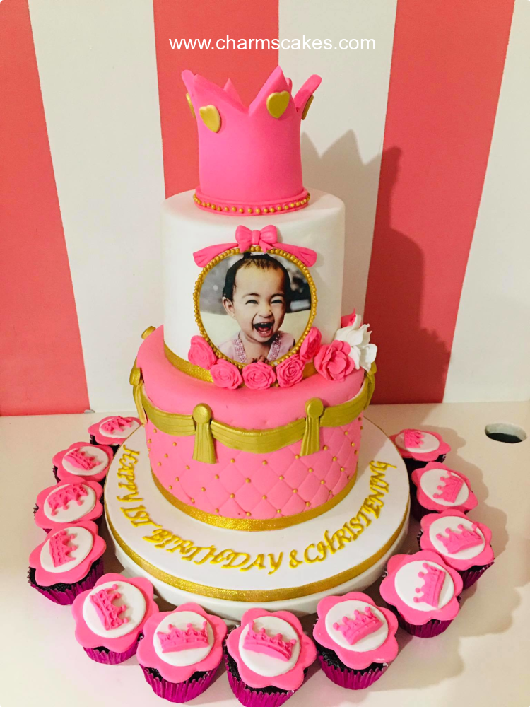 Pink Crown Christening Custom Cake