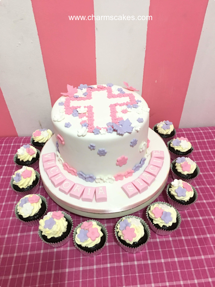 Floral Cross Christening Custom Cake