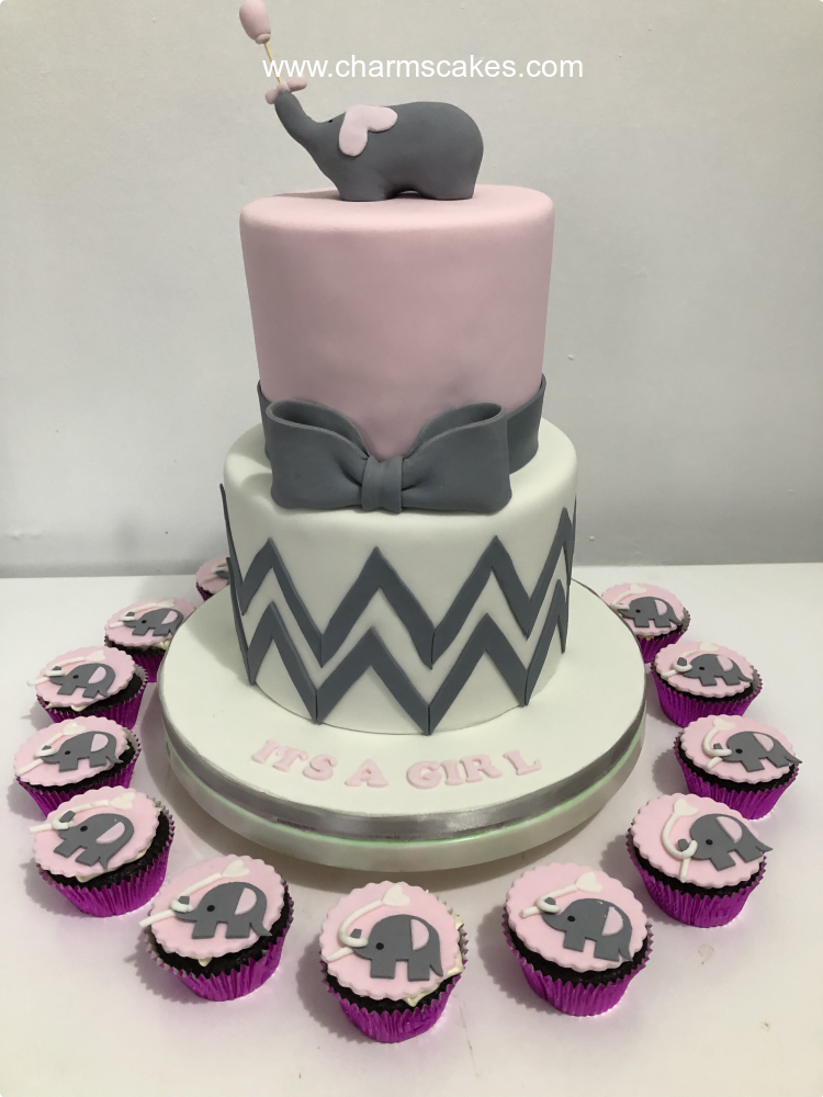 Gray Elephant Gender Reveal Custom Cake