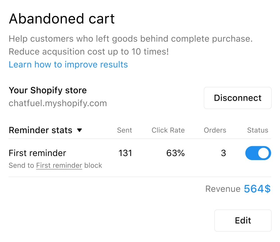 Chatfuel's Cart Reminders tool 