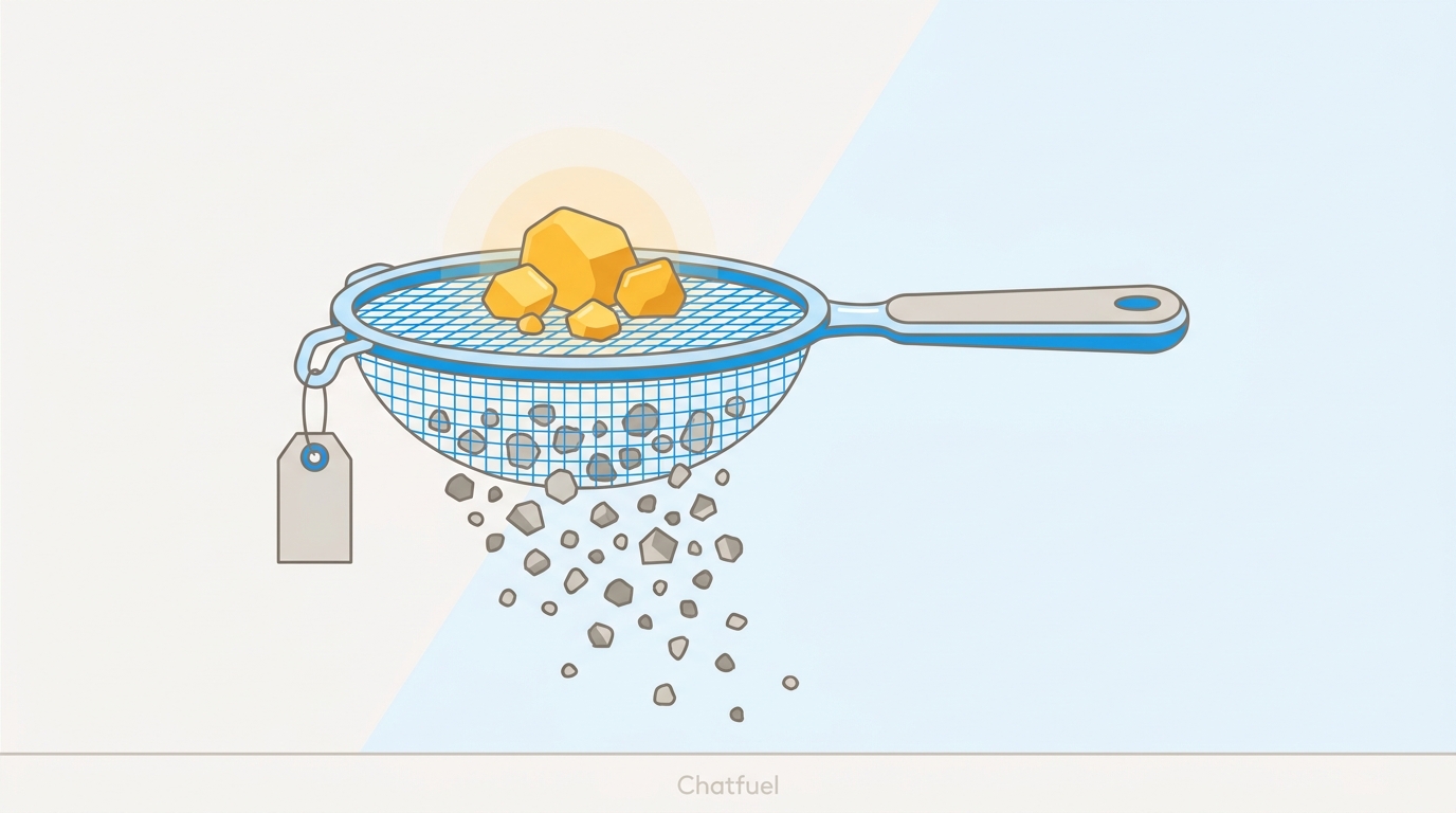 A gold-panning sieve letting dull gray pebbles fall through while a few glowing gold nuggets stay on top