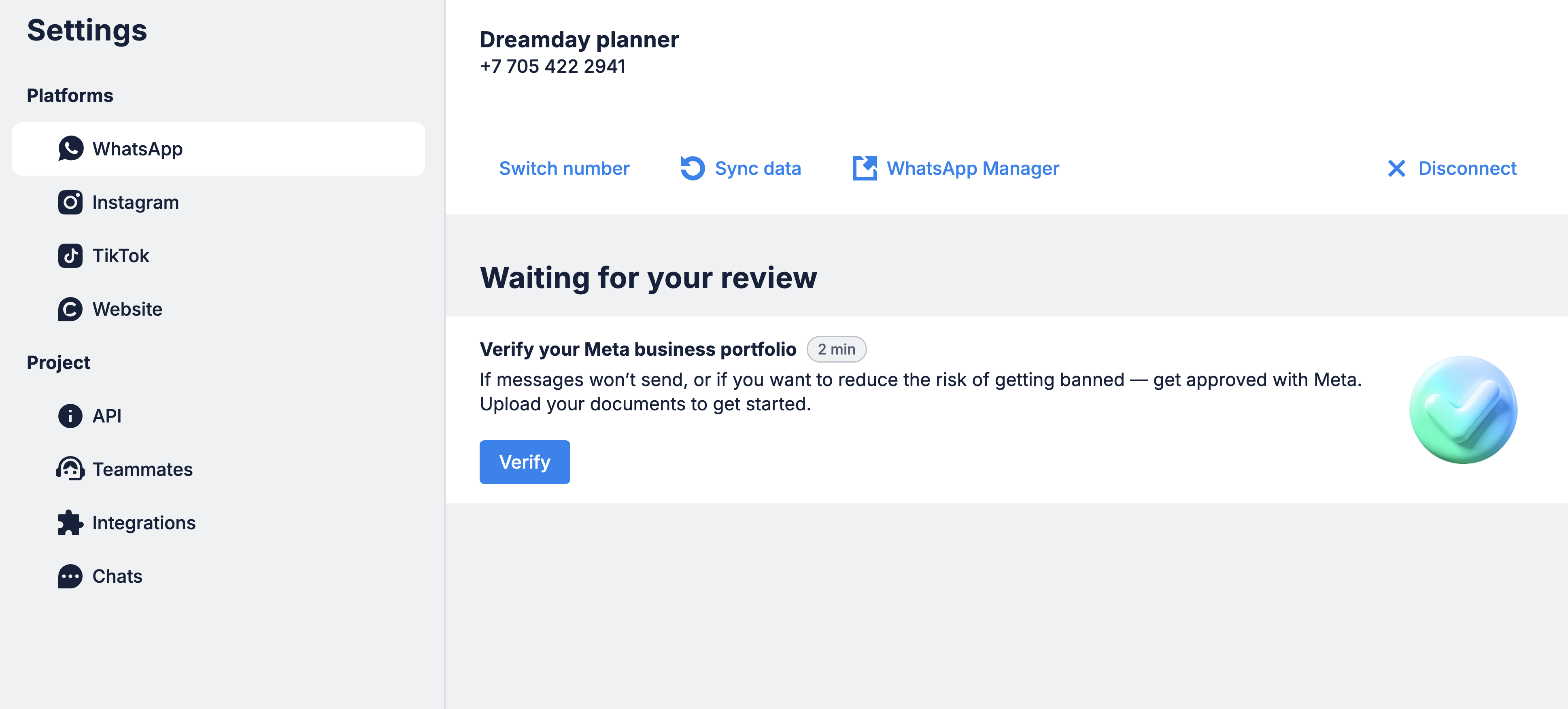 Business verification status in Chatfuel settings