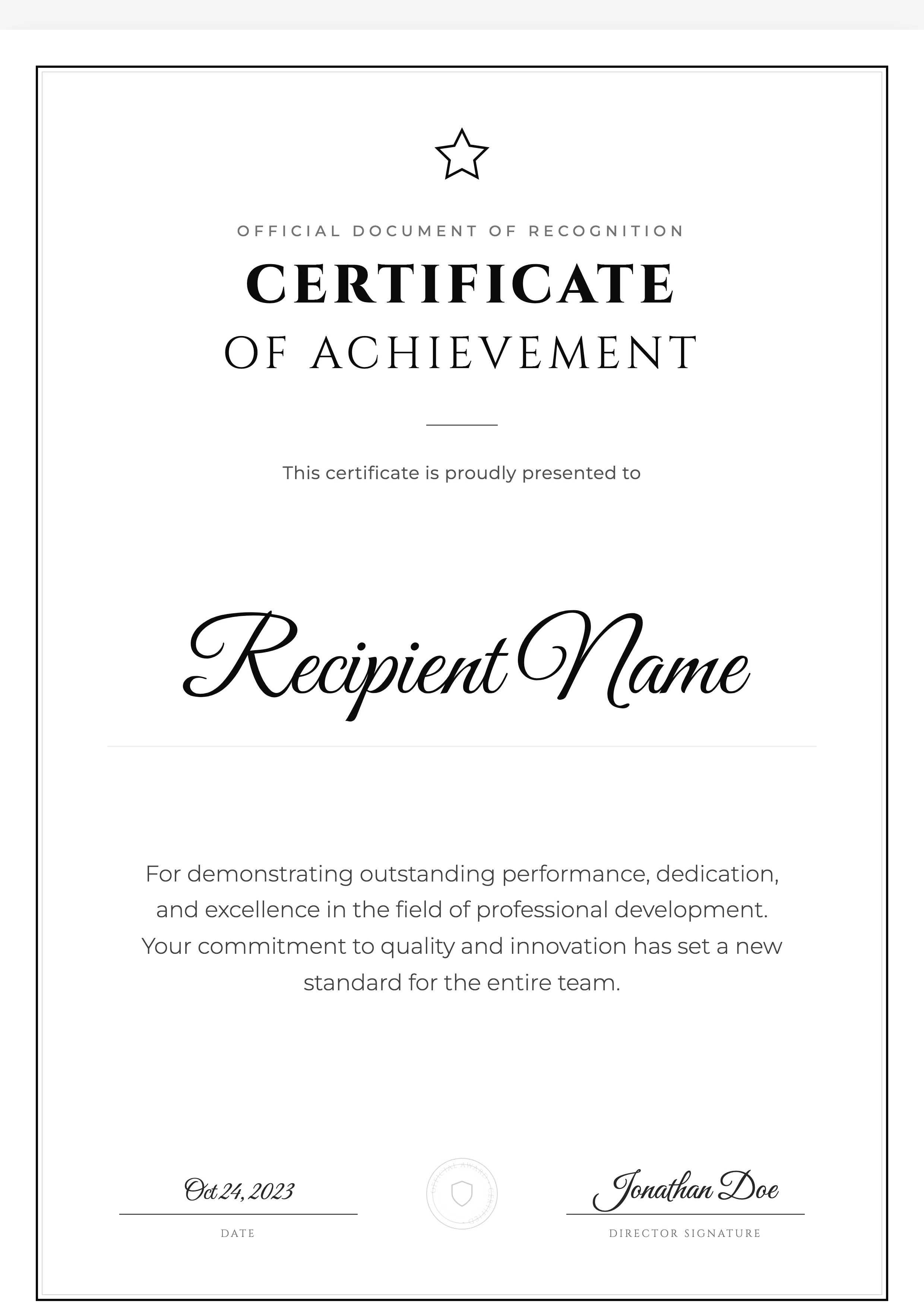 Award Certificate: cover