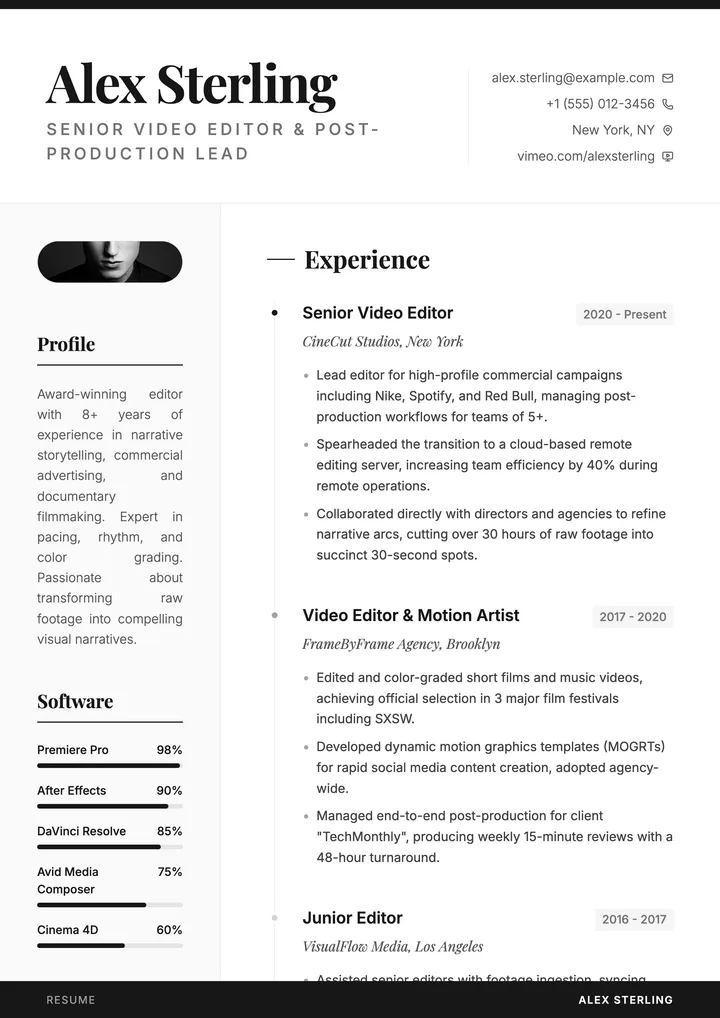 Video Editor Resume