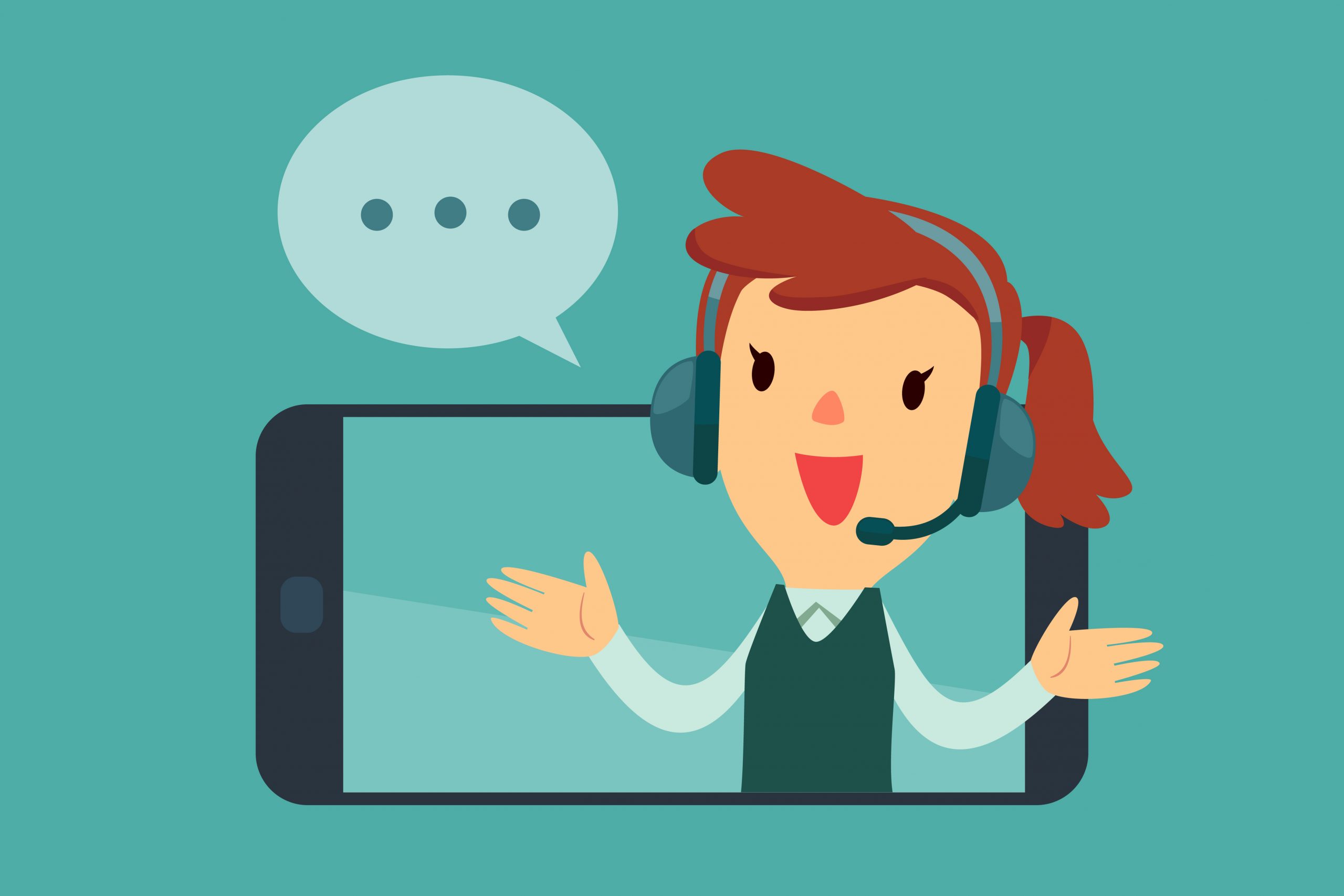 A cartoon image of a woman on a headset talking to a customer and reading a chatting script.
