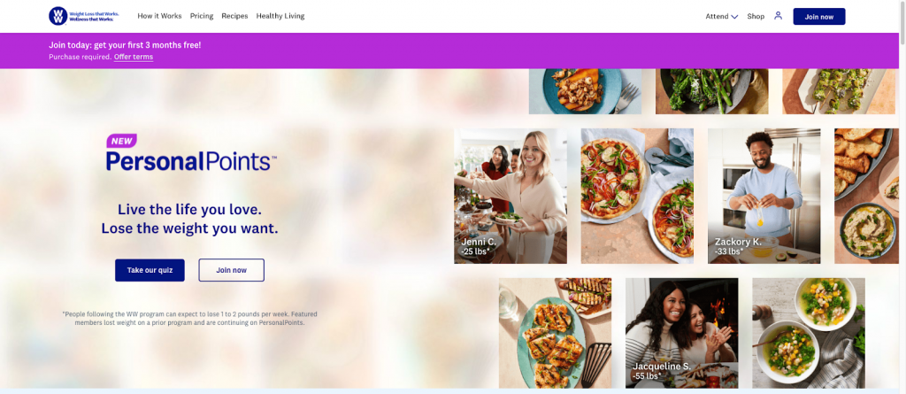 Weight Watchers website with social proof of users. 