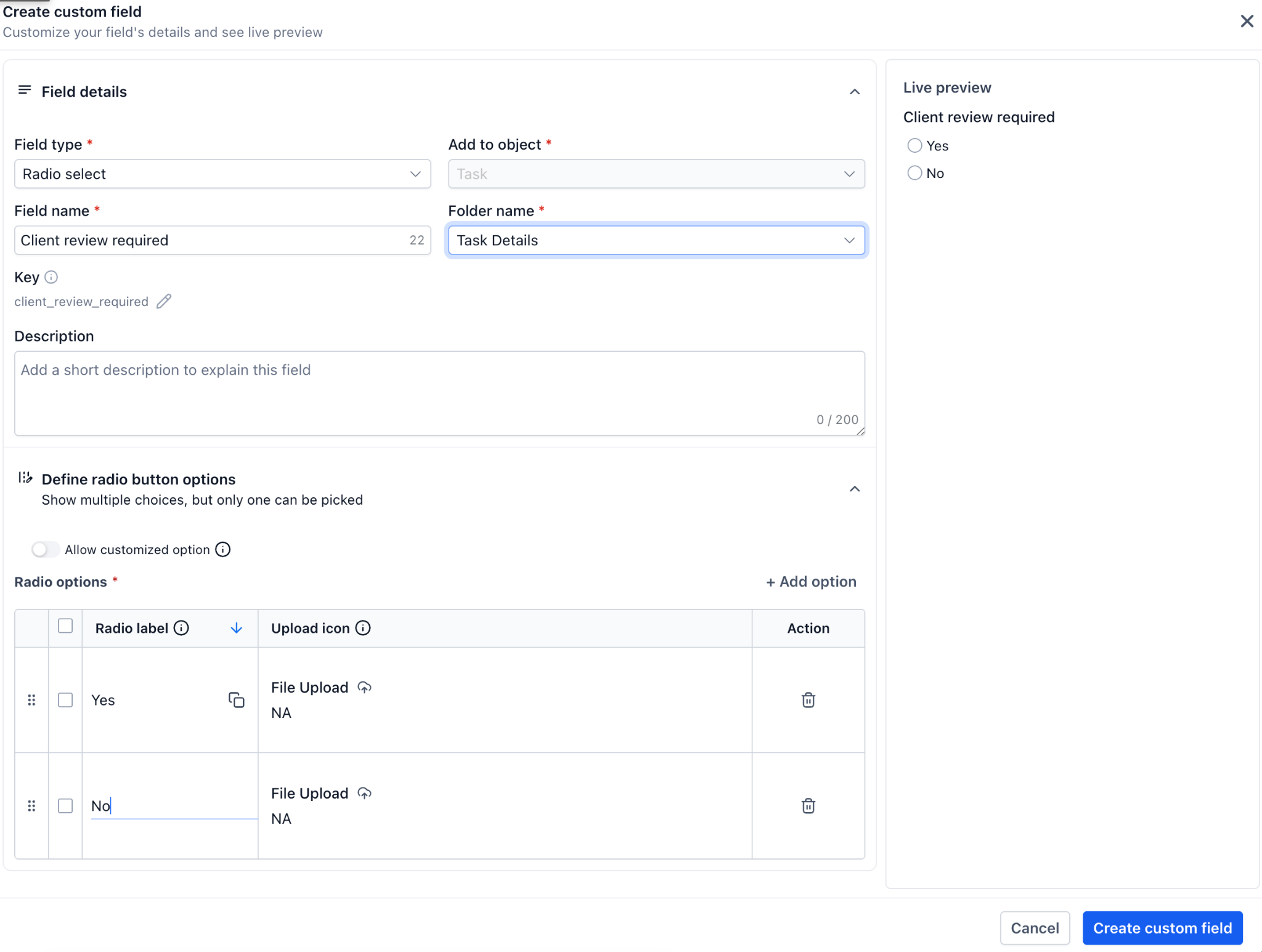 Configuración de opciones de un campo personalizado
