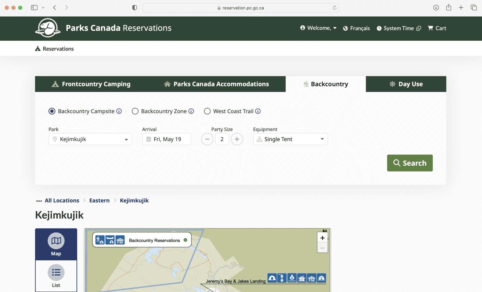 Parks Canada Backcountry Site Reservation
