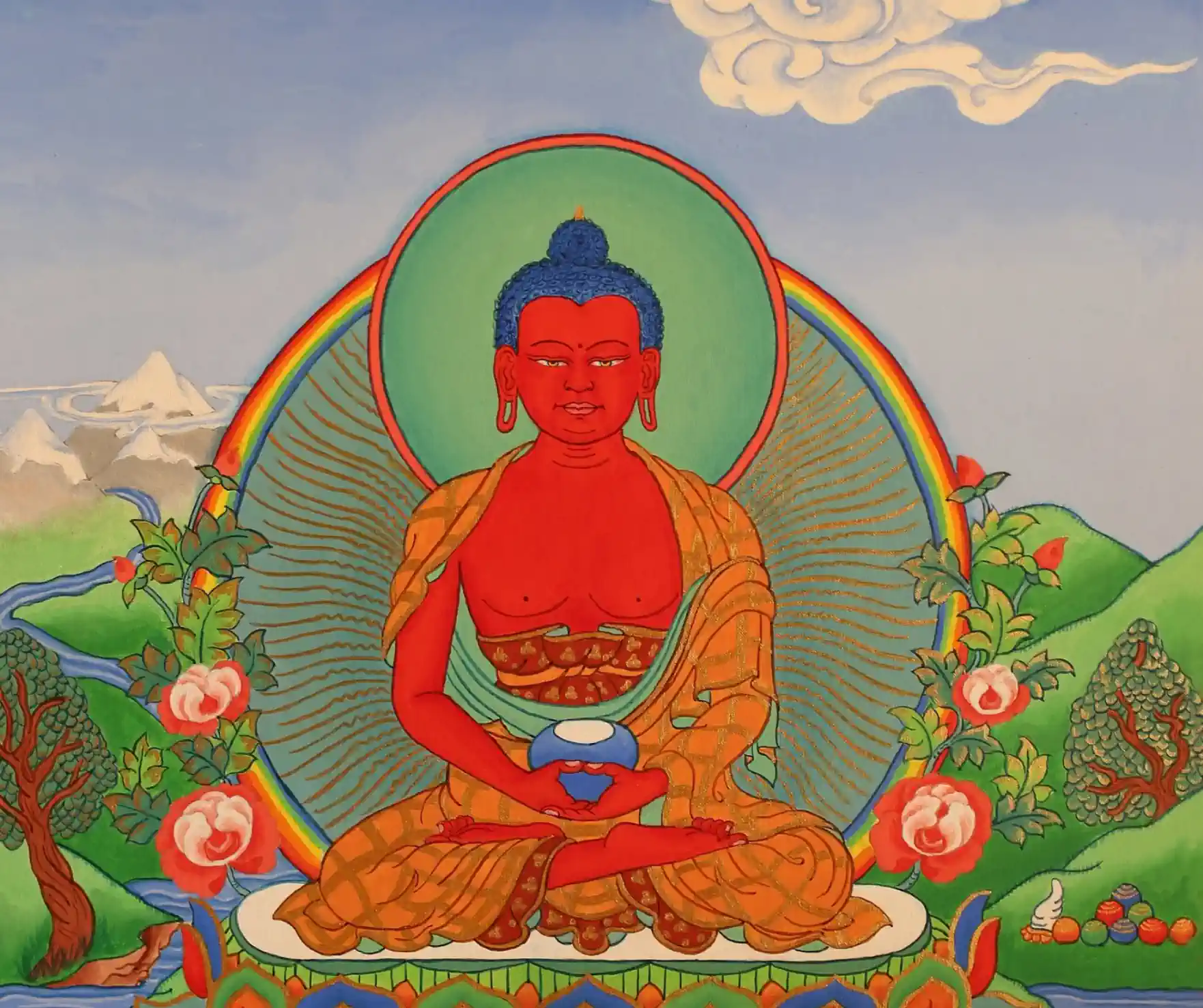 04. Amitābha Buddha or Amida (Lokesvararaja), Amituo 阿彌陀, Padmanarteshvra, Amitāyus. Embodies enlightened speech. (Tib. Od dpag-med).