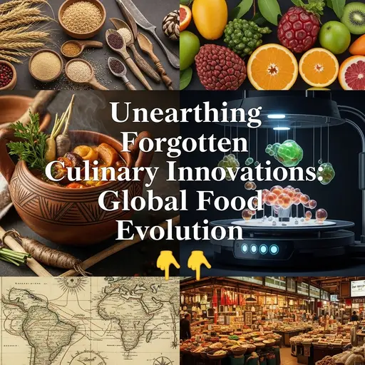 Collage of ancient food preparation and ingredients.