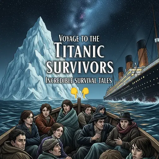 Illustrations of Titanic survivors and lifeboats.