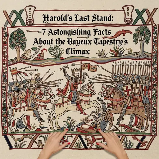 Detailed embroidery of Harold receiving an arrow.