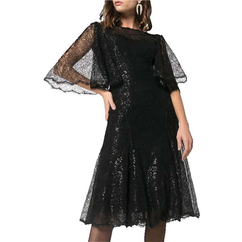 Black Metallic Corded Lace Flared Low Back Dress
