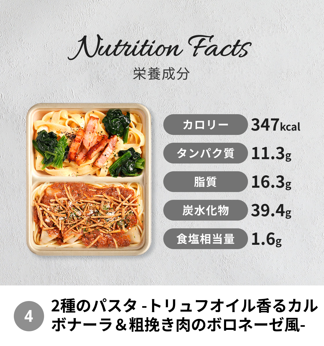 2種のパスタ トリュフオイル香るカルボナーラ＆粗挽き肉のボロネーゼ風。冷凍弁当の栄養成分表示（347kcal、たんぱく質11.3g、脂質16.3g、炭水化物39.4g、食塩相当量1.6g）