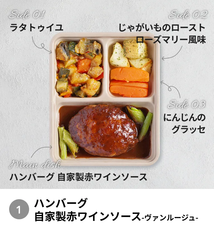 ハンバーグ自家製赤ワインソース-ヴァンルージュ-。サイドにはラタトゥイユ、じゃがいものローストローズマリー風味、にんじんのグラッセ