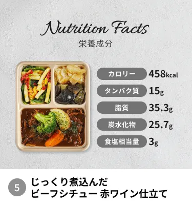 じっくり煮込んだビーフシチュー 赤ワイン仕立て。カロリー：458kcal、タンパク質：15g、脂質：35.3g、炭水化物：25.7g、食塩相当量：3g